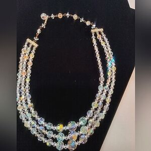 Triple Strand Necklace Aurora Borealis Vintage Crystal Graduated Beads 14-15.5"